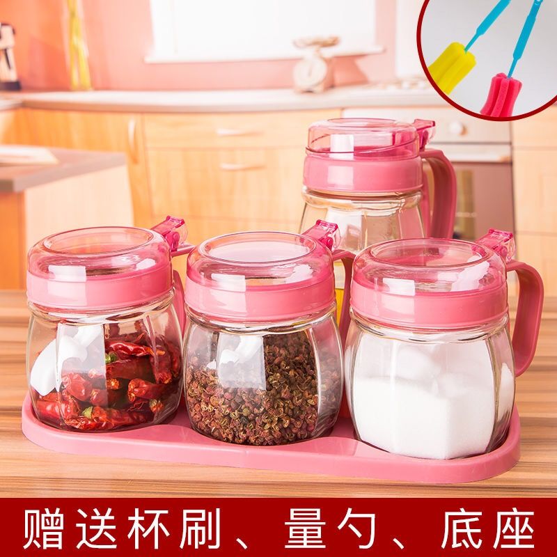 厨房玻璃调料盒油壶盐罐调味罐佐料瓶调味罐套装调味收纳小帮手 玫瑰红 五只调味罐