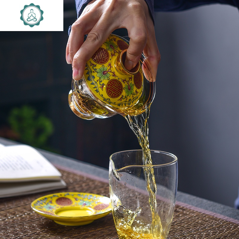 玻璃珐琅彩绘盖碗大号三才茶碗茶托泡茶杯 功夫茶具沏茶碗 封后 藏金玻璃盖碗-福寿连理(白)