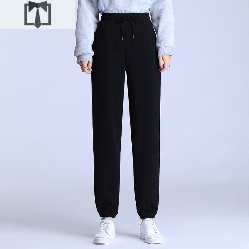 SUNTEK春秋薄绒卫裤女潮宽松抽绳哈伦束脚裤加肥加大码胖mm200斤休闲裤休闲裤