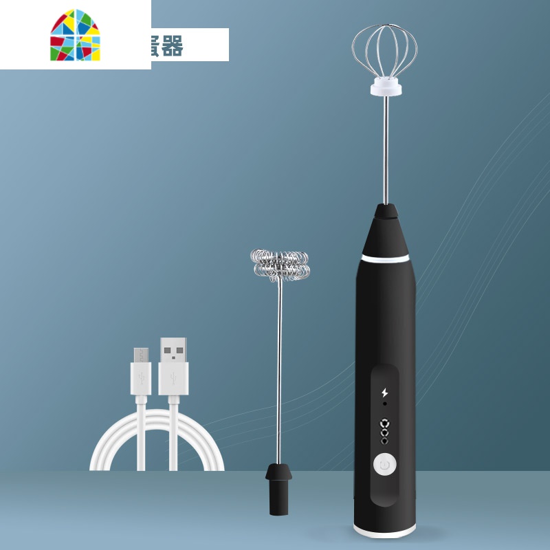手持迷你电动打蛋器USB充电家用小型搅拌机自动打奶油打发器烘焙 FENGHOU 黑色打蛋器+15cm面粉筛+刮刀油刷