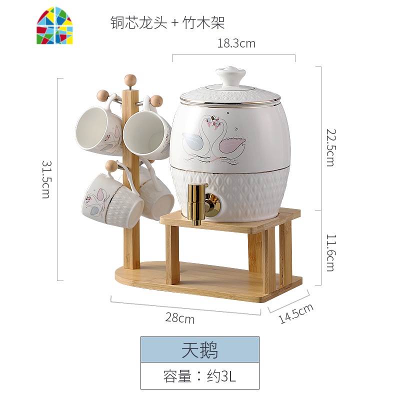 大容量冷水壶家用可高温柠檬果汁凉白开凉水壶杯子水具套装带龙头 FENGHOU 白3L壶圆4杯4垫1壶1架)304龙头