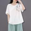 文艺复古棉麻t恤衫女宽松中式禅茶服盘扣短款上衣夏季中国风女装 白色 M