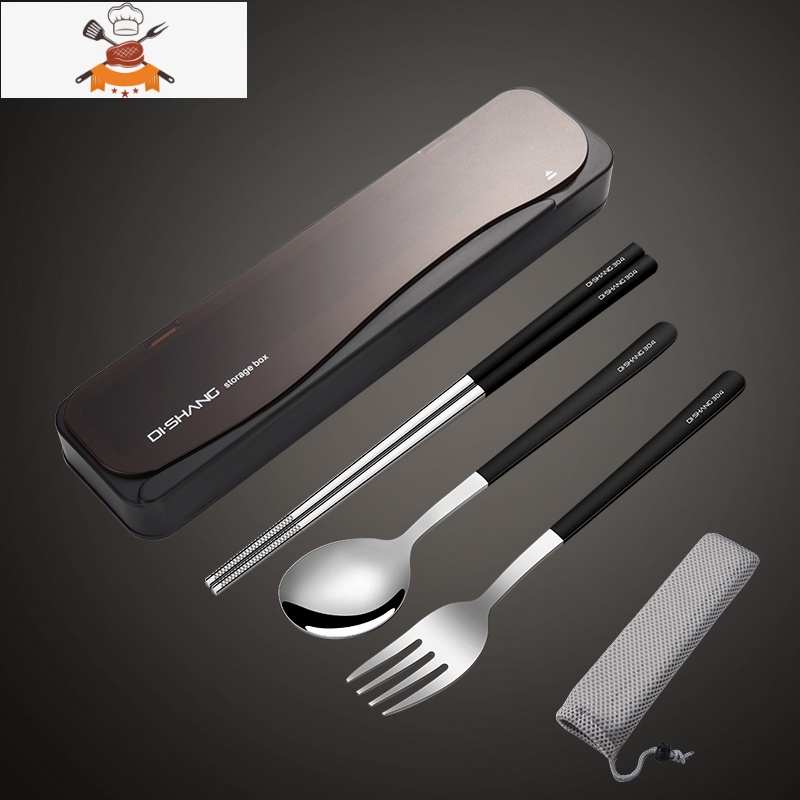 筷子勺子套装餐具盒便携学生单人装三件套不锈钢叉子外带收纳盒 经典黑-本钢色黑色筷勺叉 敬平