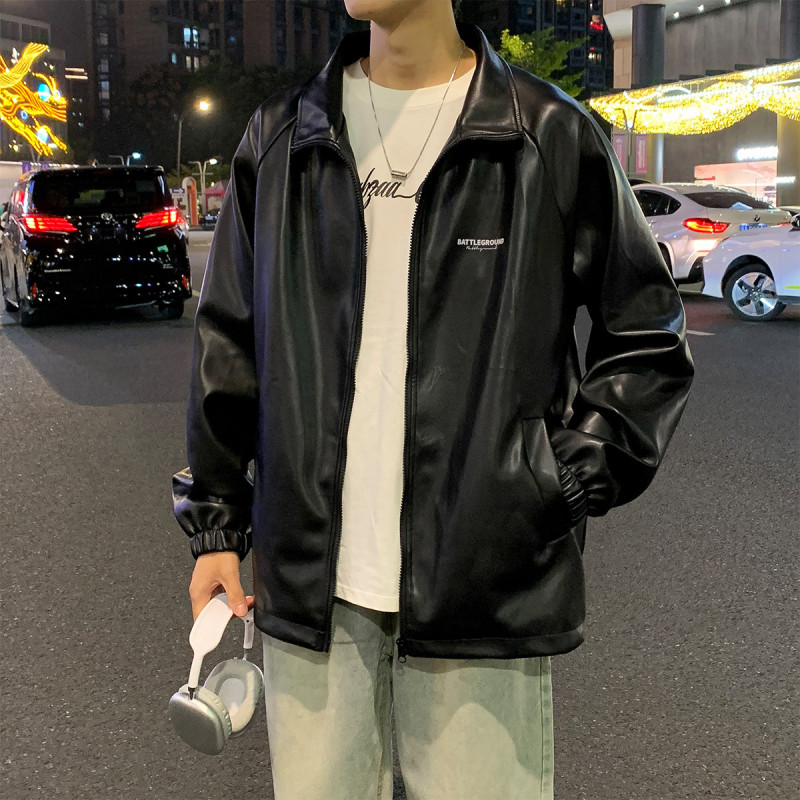 唐狮外套男夹克外套男男装皮衣外套男翻领前胸口袋皮衣短夹克外套