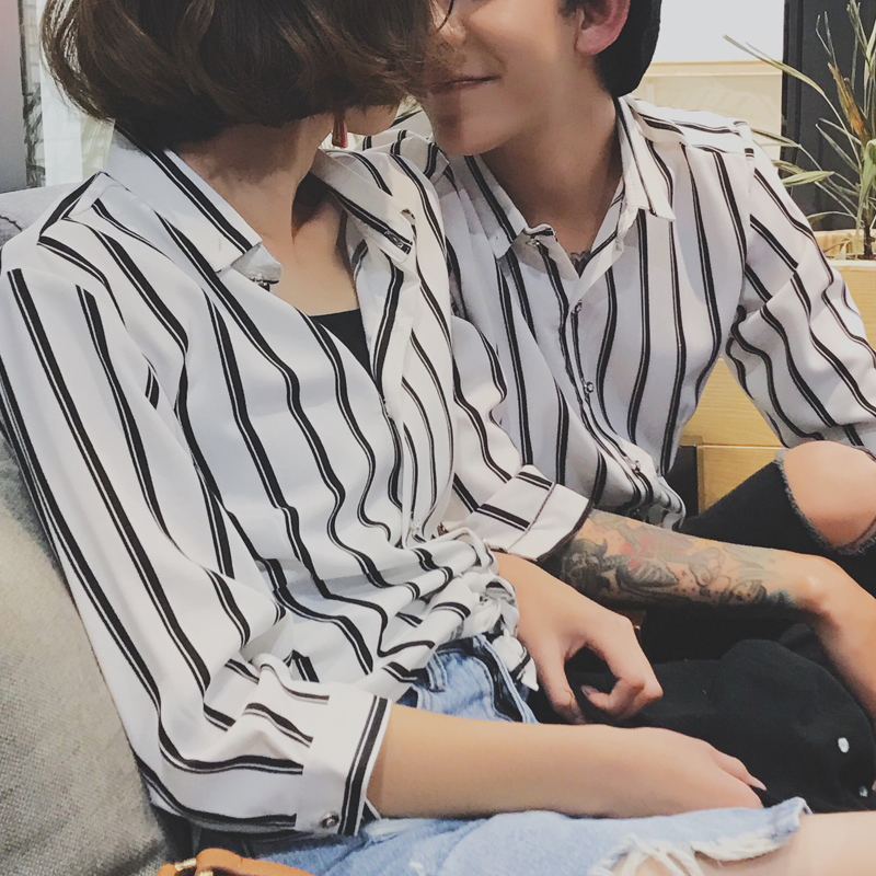 夏款情侣款条纹中袖衬衫七分袖衬衣港风男女寸衣大码上衣气质青年