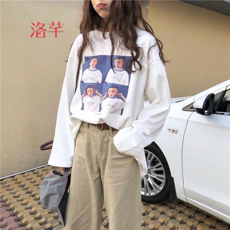 洛芊春装2018新款韩版复古印花白色长袖T恤女宽松bf风体恤打底衫上衣
