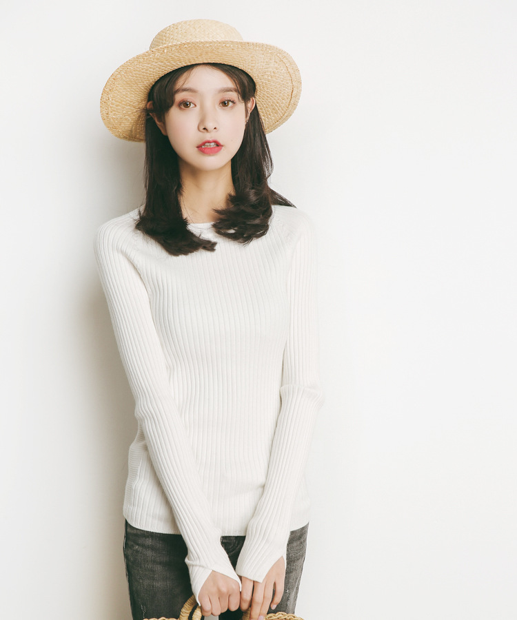 SUNTEK圆领套头针织衫女2020早秋新款长袖修身上衣低领毛衣打底衫女潮毛衣