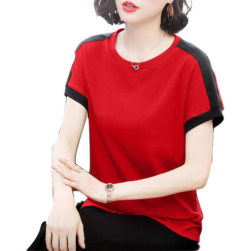 女士T恤夏季常规款撞色拼接短袖女新款宽松圆领夏季韩版t恤大码体恤衫 臻依缘
