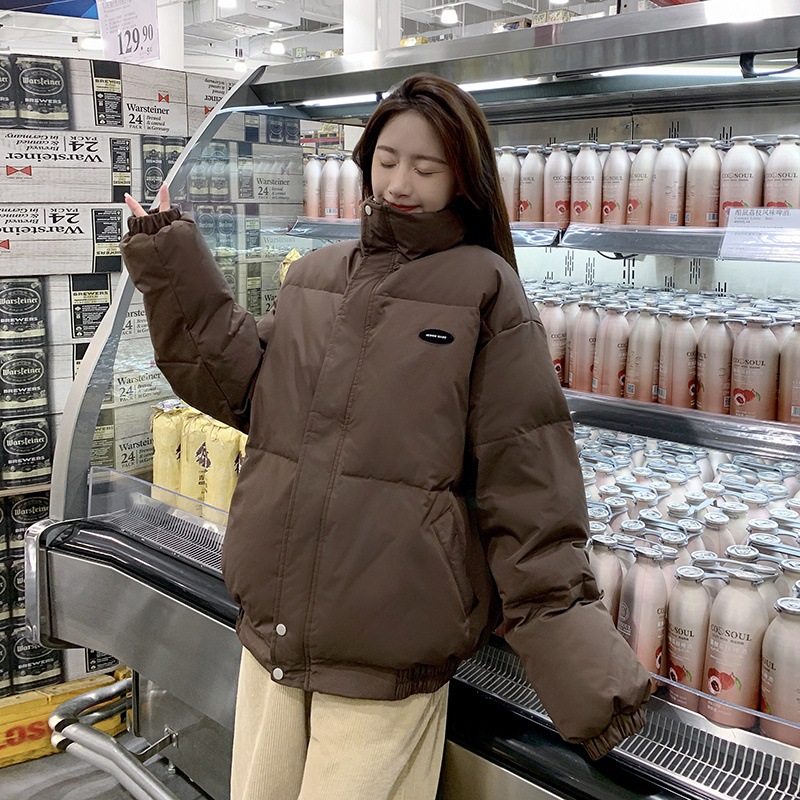2023新款格纹拼色棉服女韩版宽松棉衣冬季学生立领面包服短款外套