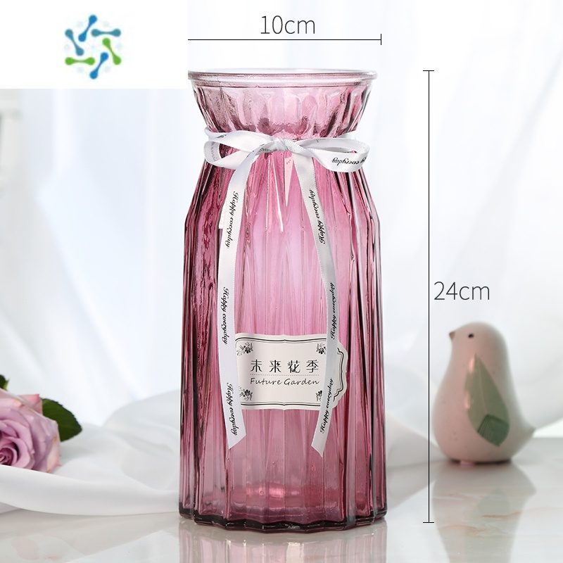 三维工匠欧式玻璃花瓶透明大号干花水培鲜花玫瑰百合插花器皿摆件客厅轻奢 (酒红)大竖菱24cm高