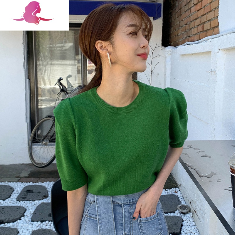 艳如飞韩国chic夏季减龄百搭圆领套头宽松薄款休闲泡泡袖针织衫T恤女T恤
