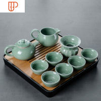 整套泡茶台套功夫茶旅行茶具会客家用简约客厅功夫新中式茶道 D 国泰家和 10头豆绿哥窑古壶大正方角孔黑盘 12件