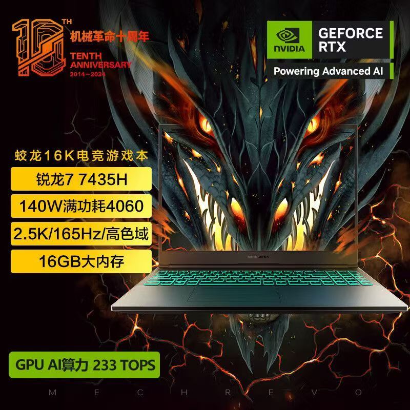 机械革命蛟龙16K笔记本电脑 24款 R7-7435H 16G 512G RTX4060 165Hz 灰色 电竞游戏办公学习本 灰色