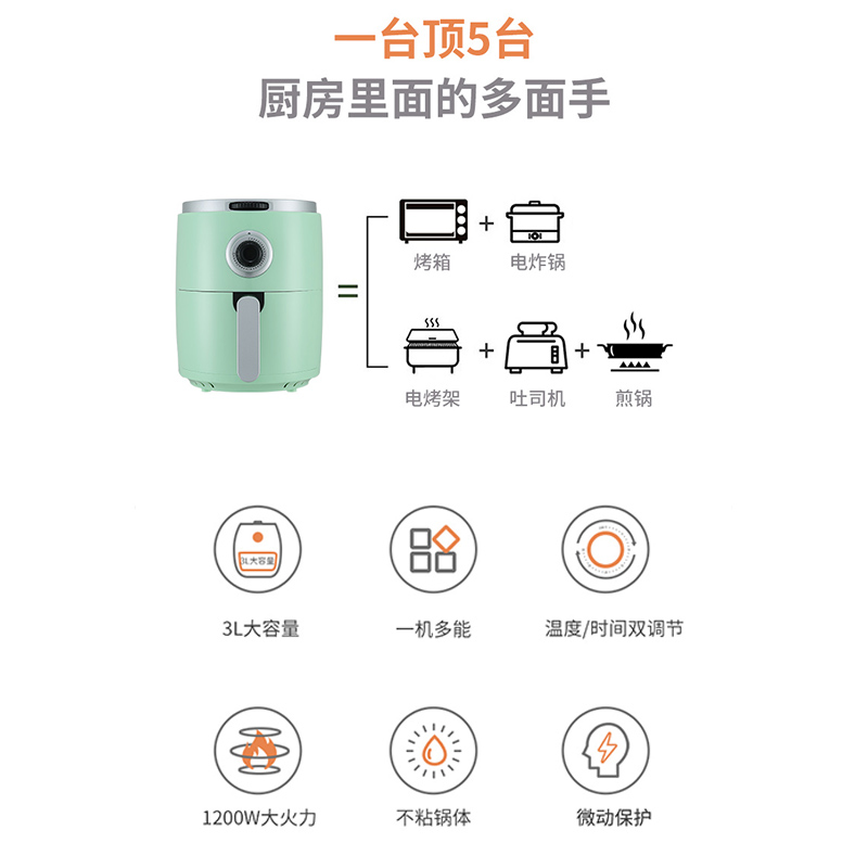 澳柯玛(AUCMA) 电烤炉(空气炸锅)AKZ-3M001宝石绿 3L温度选择智能定时无油煎炸烘焙多功能大容量电炸锅高清大图