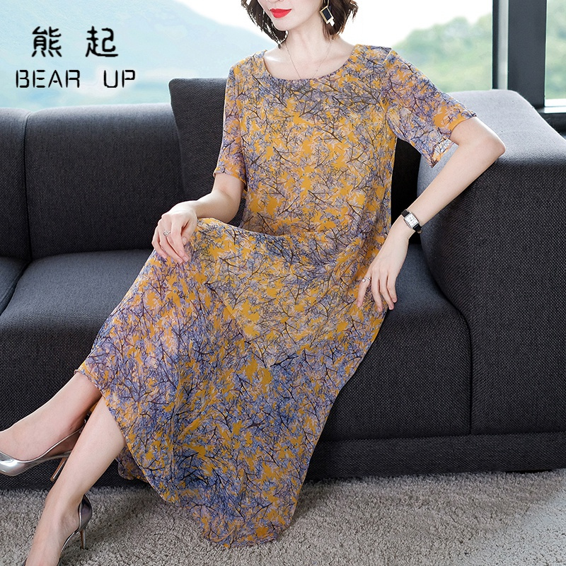 熊起2020新款大码女装阔太太宽松反季重磅仿真丝连衣裙短袖夏印花仿桑