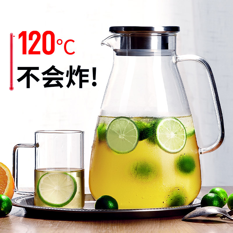 冷水壶套装家用玻璃凉茶壶瓶烘焙精灵凉白开水杯大容量泡水 [120℃不会炸]果冻壶2000ML+月色杯/6只+沥水盘