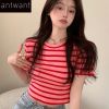 ANTWANT短款上衣冰丝短袖t恤女学生韩版百搭针织衫夏季2022新款潮