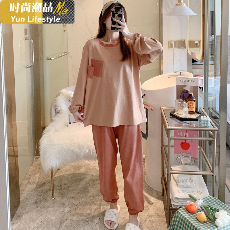 YUNWUXIN色拼接睡衣女春秋季棉长袖套装可外穿大码胖mm棉家居服春夏睡衣