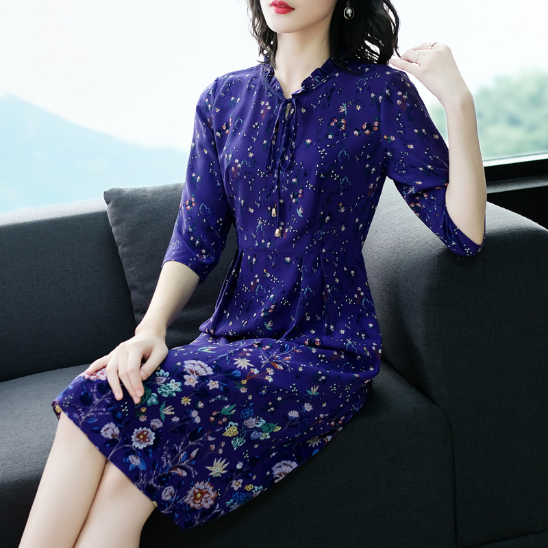 仿真丝裙子春夏2020新款女装中长款气质中袖仿桑蚕丝印花连衣裙女视频