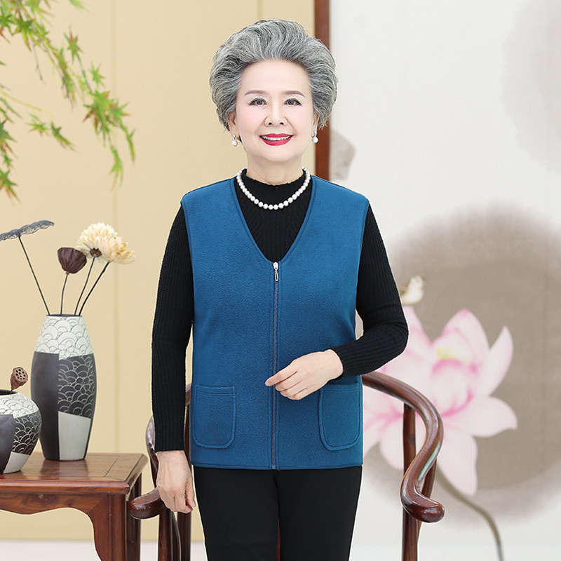 中老年春款加绒卫衣抓绒坎肩妈妈装马甲奶奶背心摇粒绒外套女马夹