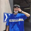 夏季韩版学生帅气五分袖社会宽松短袖原宿风蓝色t恤男装潮流半袖 THE蓝色 S