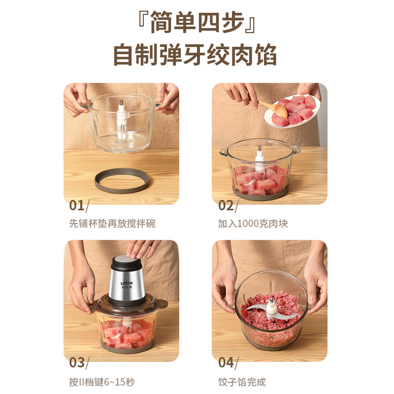 LOTOR浣熊绞肉机家用电动小型饺馅碎肉搅肉打肉机搅拌机多功能蒜泥婴儿辅食料理机 2L玻璃碗双刀高清大图