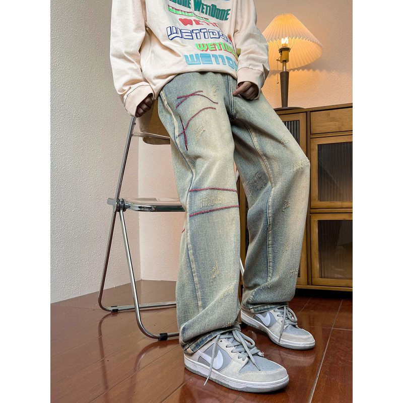 新款不规则刺绣男款牛仔阔腿裤 高端美式街头潮牌嘻哈ins风直筒裤