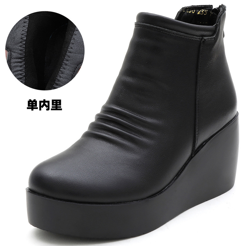 厚底靴女秋冬欧美风简约真皮松糕跟后拉链短靴复古圆头女棉靴