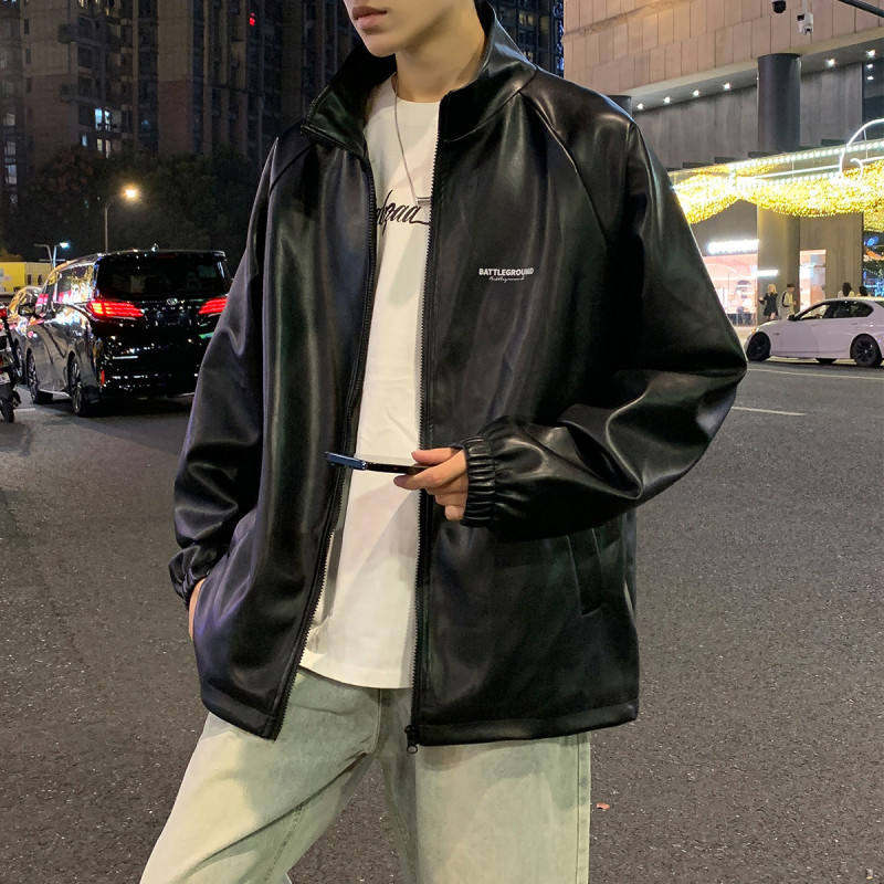 唐狮外套男夹克外套男男装皮衣外套男翻领前胸口袋皮衣短夹克外套