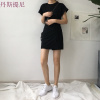 韩风Chic不规则拼接系带短袖连衣裙纯色套头休闲百搭连衣短裙 黑色 均码