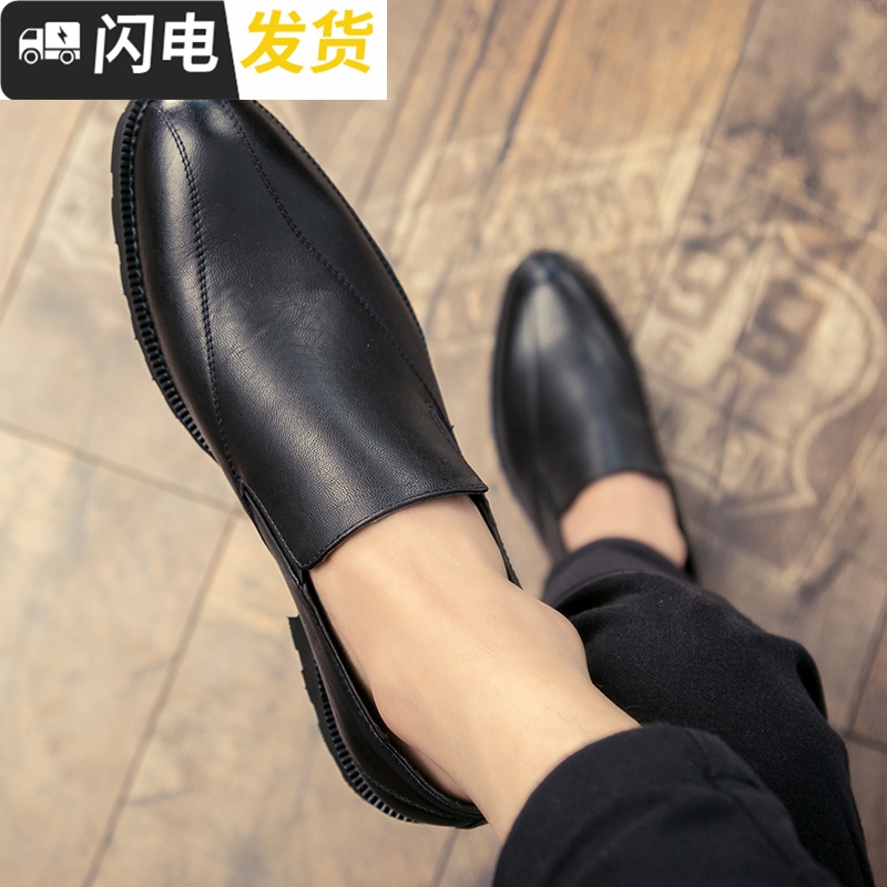 韩版英伦风潮鞋一脚蹬套脚懒人潮流男士厚底型师男鞋子尖头皮鞋启如休闲鞋休闲鞋