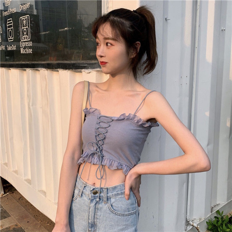 夏季韩版修身chic抹茶绿色吊带背心女短款无袖木耳边复古绑带上衣