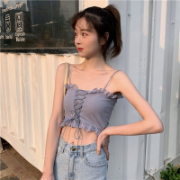 夏季韩版修身chic抹茶绿色吊带背心女短款无袖木耳边复古绑带上衣