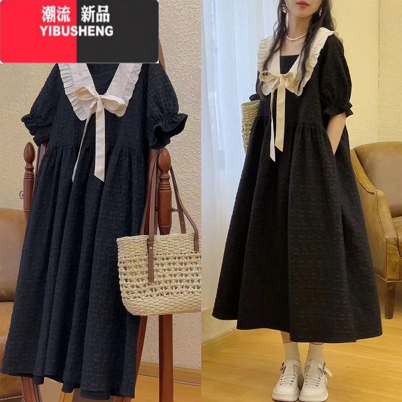 YIBUSHENG2-300斤大码胖mm法式提花娃娃领连衣裙女显瘦粗腰遮肚子a字长裙