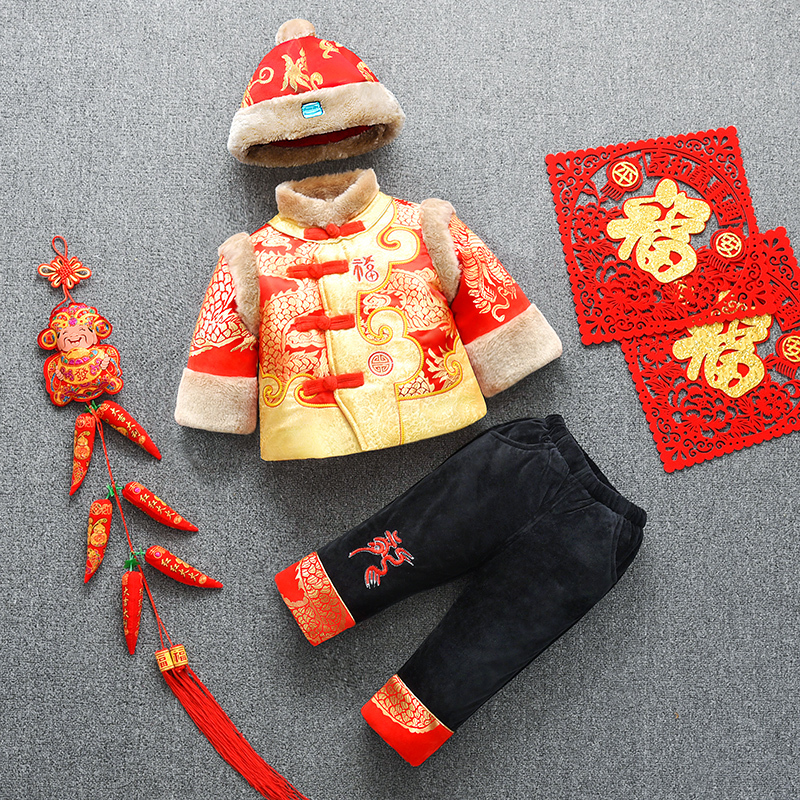男宝宝唐装礼服男童冬装套装女婴儿童过年喜庆拜年服衣服一岁周岁视频