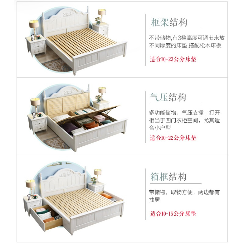 美式实木床1.5米现代简约1.8m双人床白色单人1.2公主床1.35米家用