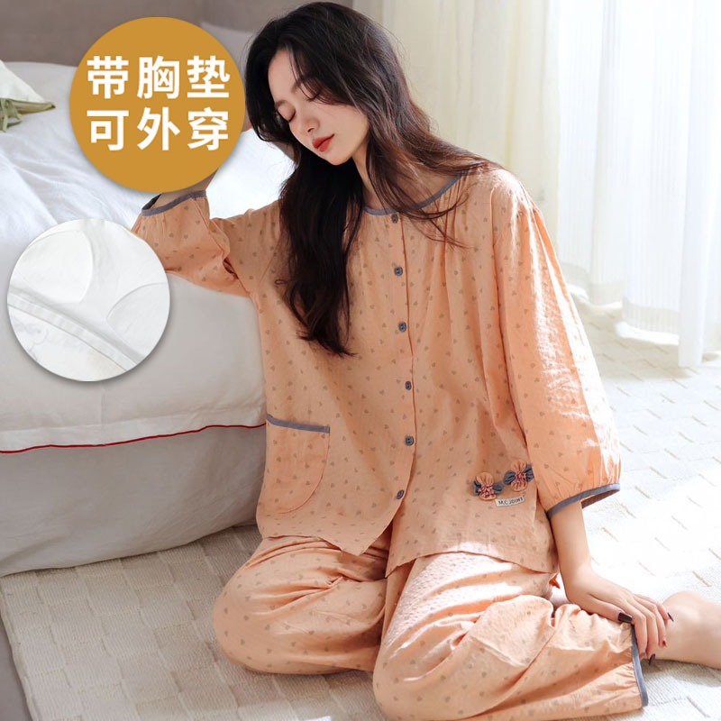 浪莎纯棉带胸垫睡衣女夏季九分袖七分袖九分裤韩式家居服两件套装 带胸垫九分裤套装女ZW-1221 L