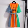 牛仔拼接t恤连衣裙女夏季2021新款设计感小众收腰显瘦小个子裙子 4341桔色连衣裙 M 建议【80-100斤】