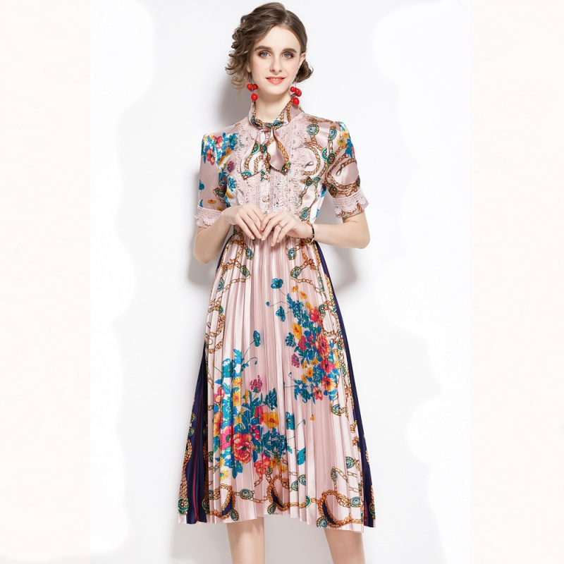 遇见衣姿蝴蝶结拼接高腰长袖百褶复古印花连衣裙视频