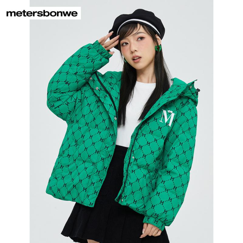 美特斯邦威女潮流老花夹克宽松长袖上衣保暖加厚外套羽绒服_833 165/L(高165-170重120-145斤) 绿色组