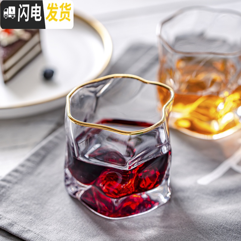 三维工匠日式描金扭纹威士忌酒杯喝啤酒杯水晶玻璃洋酒杯创意个性手工杯子 金边口日式异形威士忌杯高清大图