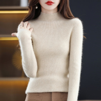 鄂尔多斯羊绒衫女半高领毛衣女宽松外穿短款春秋2024年春装新款百搭加厚针织打底衫秋冬针织上衣服恒源祥羊毛衫毛衣打底衫 原绒米 L