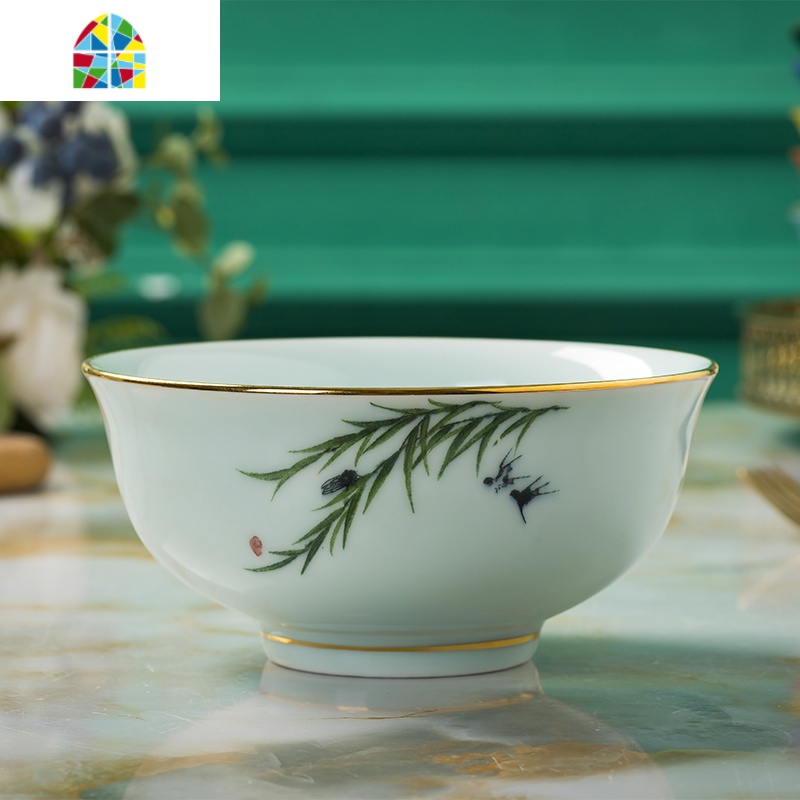 景德镇陶瓷面碗大号青瓷碗单个家用碗碟套装拉面碗大汤碗不烫手 FENGHOU 6英寸金镶玉柳燕(1个)