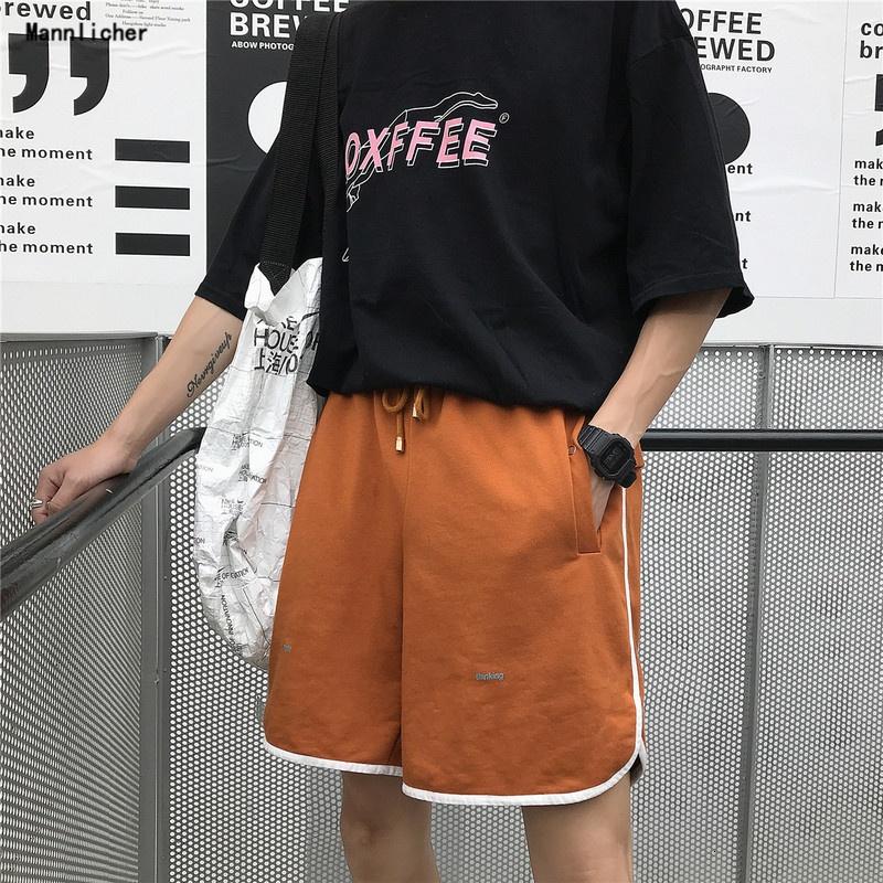 新款2019夏装男士时尚针织低裆跨裤撞色前后印花短裤直筒裤子男潮预售定制款韩版潮牌