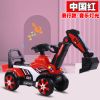 儿童电动挖掘机挖土机大号可坐可骑玩具车四轮车工程车滑行挖挖机 滑行款+手动挖臂 中国红