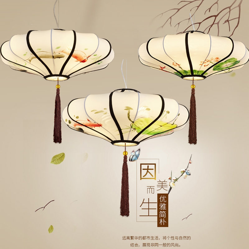 现代新中式仿古典宫灯布艺手绘画灯笼吊灯古达中国风餐厅饭店茶楼灯具
