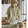 [2.5折价67元]唐狮夏季新款格子短袖衬衫男绿色休闲复古日系衬衣宽松外套潮