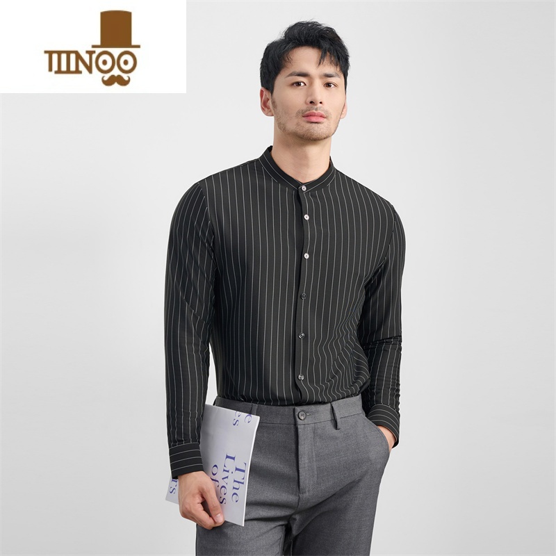 YANXU高端中式立领衬衫男长袖丝滑高弹力修身休闲条纹圆领衬衣男
