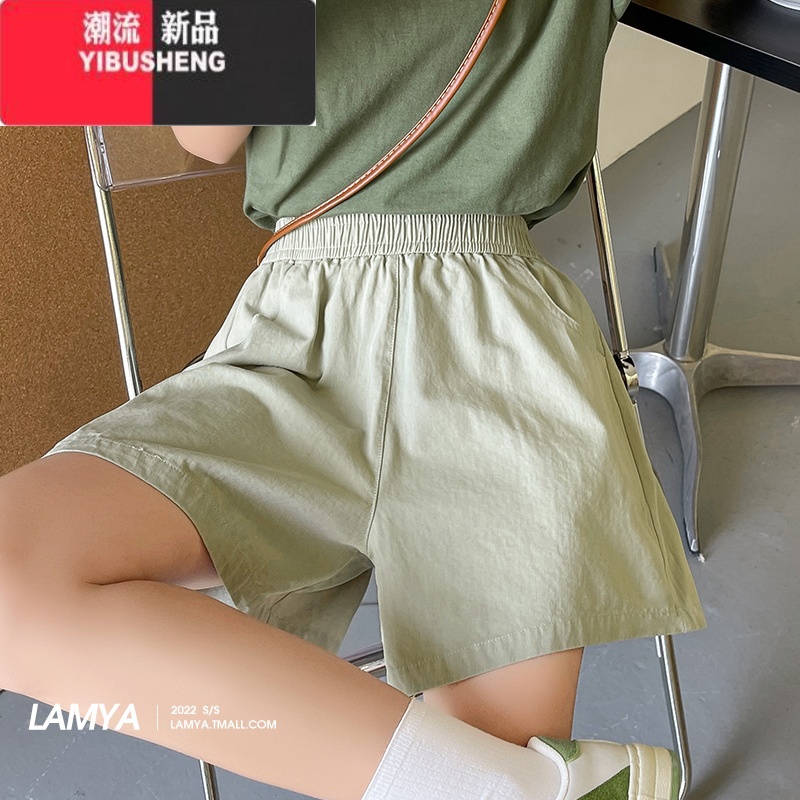 YIBUSHENG棉麻短裤季女高腰阔腿裤宽松休闲装显瘦绿色小个子居家三分腰高清大图