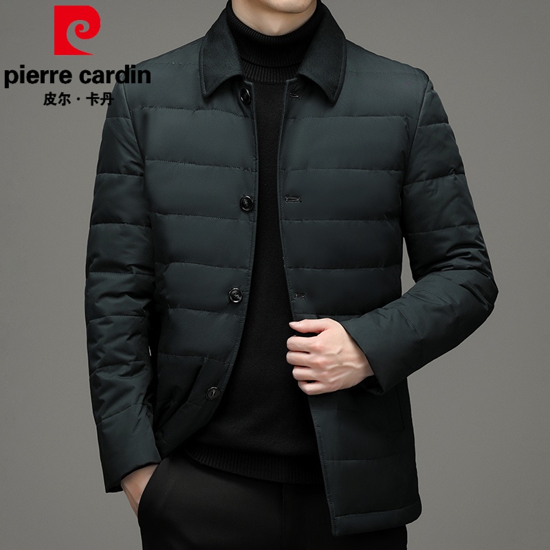 皮尔卡丹冬季新款羽绒服男中青年男士翻领纯色白鸭绒外套商务休闲外穿上衣